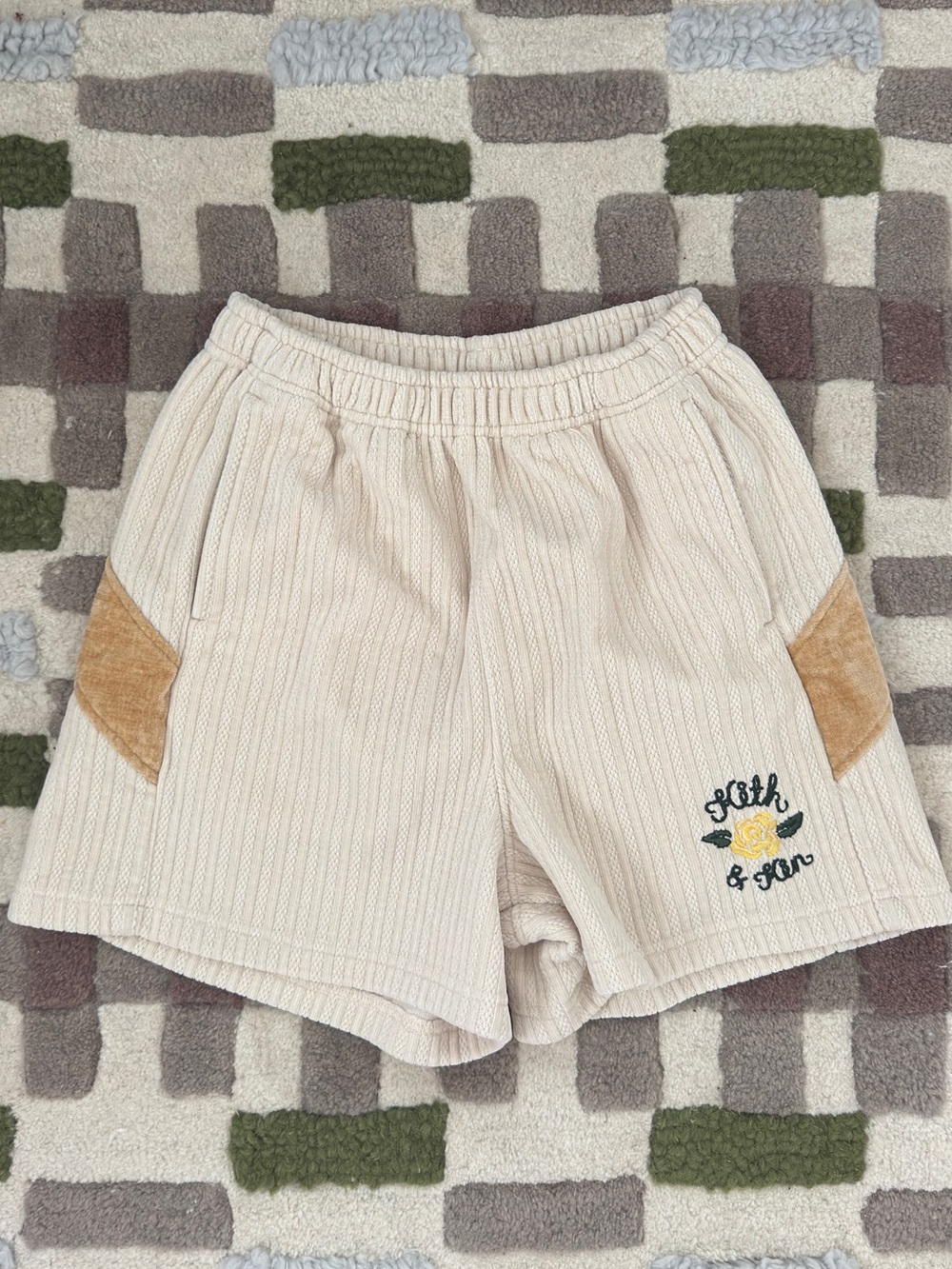 Kith Cream Ribbed Athletic Shorts with Tan Pocket Accents